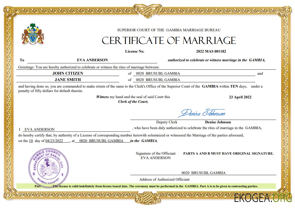 Modèle Word et PDF de certificat de mariage en Gambie